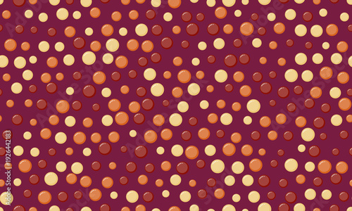 Abstract seamless pattern of scattered circles in warm autumnal hues on a deep burgundy background.  Perfect for fallthemed designs, textiles, websites, or packaging.