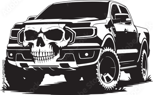 Black and white illustration of a pickup truck with a skull on the front grille