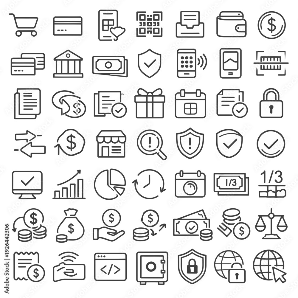 Fototapeta premium Collection of simple line icons representing financial and security concepts on a clean background from a straightforward viewpoint