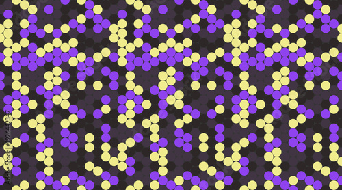 Abstract seamless pattern of purple and yellow circles on a dark background.  Perfect for website backgrounds, textile prints, or modern graphic design projects.