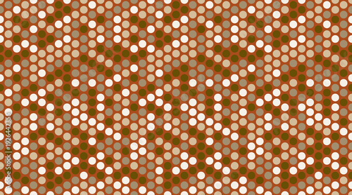 Abstract earthy tone chevron pattern.  Seamless repeating texture of varied sized circles in brown, beige and white.