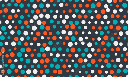 Abstract vibrant confetti pattern.  Multicolored circles on dark background.  Ideal for website backgrounds, textile prints, and playful designs. Represents energy, diversity, celebration.