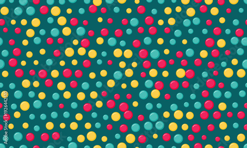 Vibrant, playful polka dot pattern featuring teal, yellow, and pink circles on a dark teal background.  Perfect for website banners, textile designs, or cheerful branding.
