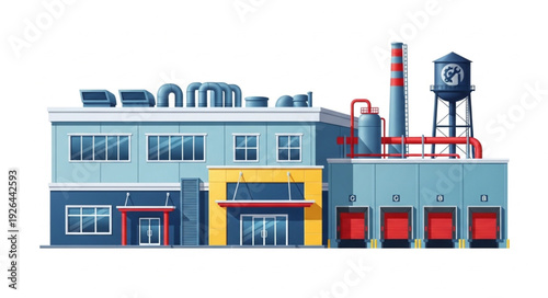 Industrial factory building with loading docks and water tower, a detailed illustration.