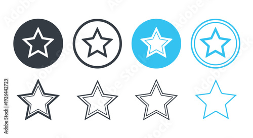Comprehensive set of eight star icons featuring diverse styles, including solid, outlined, and colored variations, ideal for user interface design, rating systems, and favorite indicators