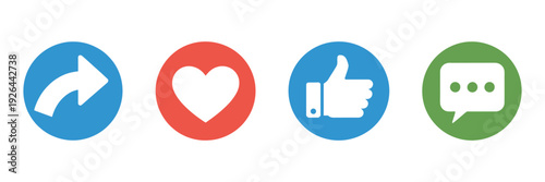 Social Media Icons, Vector Set of Like, Share, Comment, Love Heart, Thumb Up, Repost, and Notification Buttons