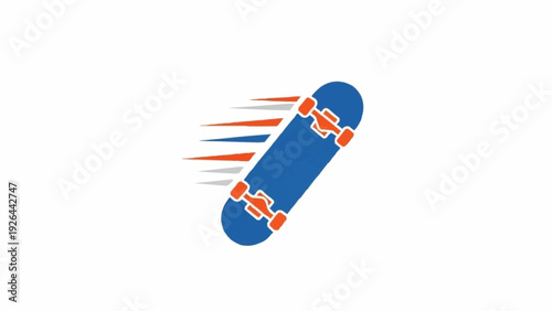 Skateboard with orange wheels moving fast.