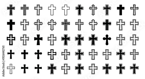 A comprehensive collection of diverse cross symbols, showcasing various Christian religious icon designs in a grid pattern, perfect for spiritual and devotional projects and creative presentations