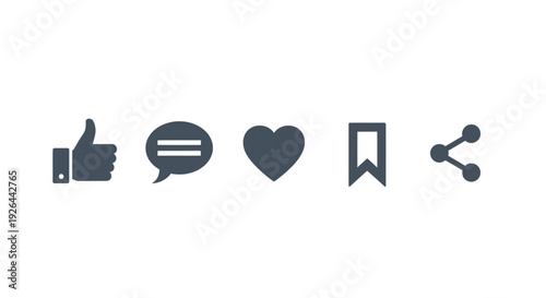 Essential user interface icons for digital engagement, showcasing interactive elements like, comment, bookmark, and share functionalities for web and mobile applications