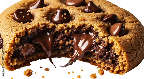 Gooey chocolate chip cookie with melting lava center isolated on transparent background