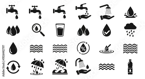 Diverse Collection of Water Icons Illustrating Conservation, Usage, Hydration, and Purity Concepts for Graphic Design and Environmental Awareness