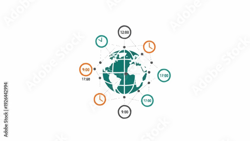 Green Globe with Clock Icons Around.