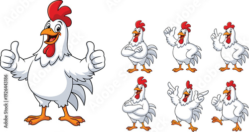 Set of cute cartoon white chicken characters with red combs in various poses, happy rooster mascot collection, flat vector illustration,