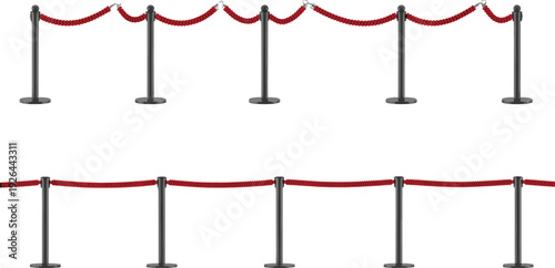 Set of realistic stanchion barriers with red velvet ropes and black poles including straight and curved rope versions for VIP event entrance