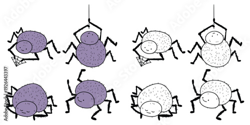 Hand-drawn cartoon and doodle set of spiders on a white background.
