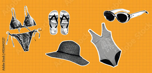 Retro vintage pop art comic style halftone collage summer holiday vacation,  summer accessories collage with halftone bikini cloths,  sunglasses, flip flops and beach hat, sandals graphic