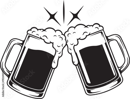 Two beer mugs clinking with foam and starburst