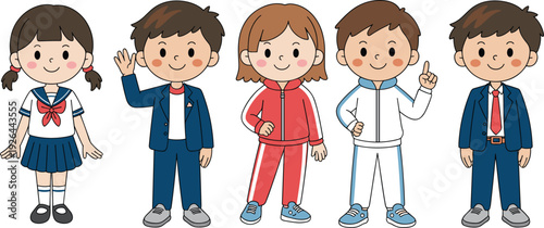 Cute cartoon school children characters set with different outfits smiling kids vector illustration isolated on white background
