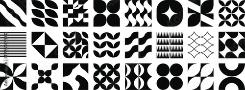 Collection of minimalist black geometric tiles featuring abstract patterns bauhaus style shapes and decorative vector elements for modern branding and creative pattern design