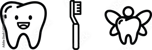 Dental Vector of Cute cartoon tooth with smiling face and toothbrush icons