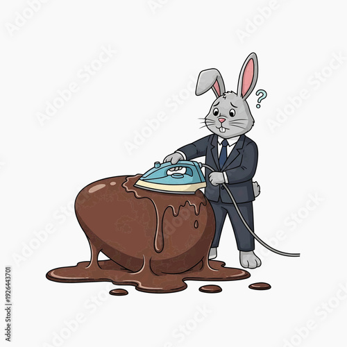 Grey bunny in suit looking confused while ironing a melting chocolate egg, holiday mishap concept
