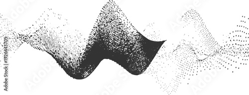 Abstract black and white halftone wave design. Abstract graphic with a wavy pattern composed of varying sized dots against a white background. 