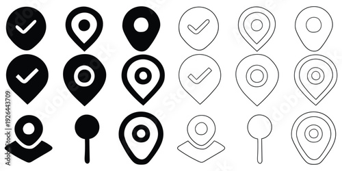 Hand-drawn cartoon and doodle set of map pin icons on a white background.