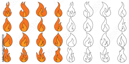 Hand-drawn cartoon and doodle set of flames on a white background.