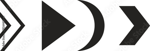 Collection of minimalist black vector icons featuring geometric chevron arrows play button symbol crescent moon shape and modern directional pointers for infographic design layouts