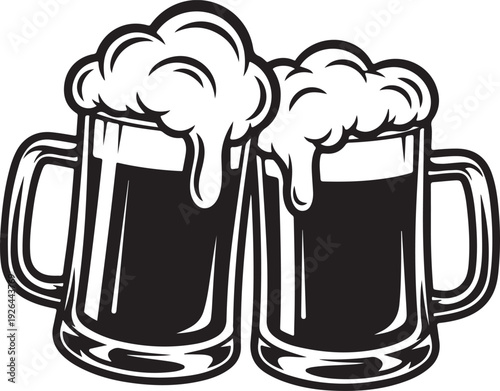 Two Mugs of Beer with Foamy Heads black and white drink