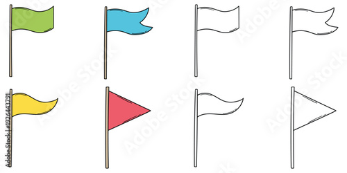Hand-drawn cartoon and doodle set of flags on a white background.