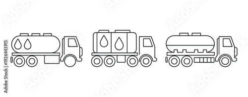 Tanker Trucks Line Art Vector, Collection of Industrial Vehicles with Liquid Drop Symbols on Tank