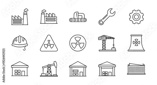 Industrial Icons Depicting Factories, Construction, and Various Equipment.