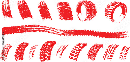 Collection red tire tracks marks isolated on a white background. Clean tire print with overlay and transparent look. Great for car, vector, seamless, tire, track designs.