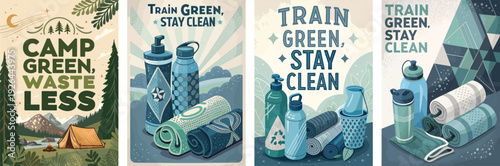 Eco-friendly camping illustrations promoting sustainability and cleanliness.