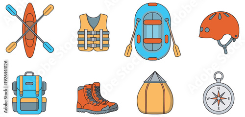 Outdoor Adventure Gear Collection for Kayaking and Hiking, Camping and Water Sports Equipment, Backpack, Helmet, Life Vest, Compass, Oars, Shoes Vector Set