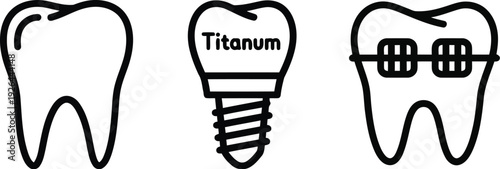 Vector of Dental implant tooth with braces and healthy tooth icons