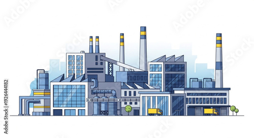 Industrial complex illustration depicting factories and manufacturing plants in an urban setting.