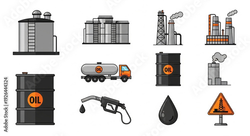 Oil industry production and transportation icons representing various aspects of the business.