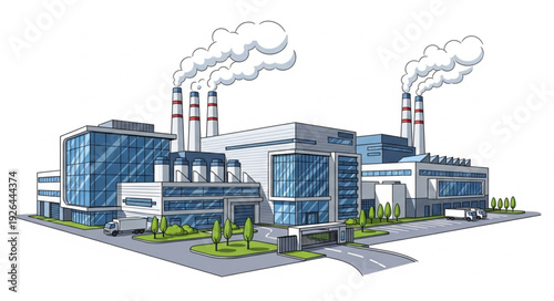 Industrial complex with smoke stacks emitting pollutants into the atmosphere, a visual representation.
