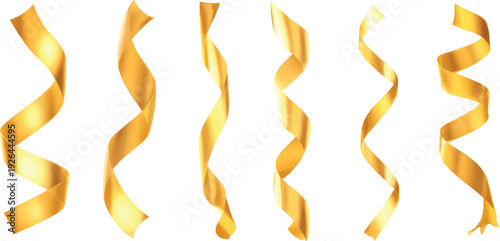 Golden streamers and confetti falling white background. Golden confetti streamers flying with swirl motion on a transparent background for party celebration event decoration.