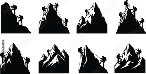 Mountain climbers silhouette collection, adventurous hikers scaling rocky peaks with ropes, outdoor extreme sport vector icons isolated on white