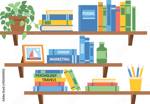 Modern Wall Mounted Bookshelf Illustration with Stacked Books Indoor Potted Plant Picture Frame and Stationery for Home Office Library and Education Graphic Design