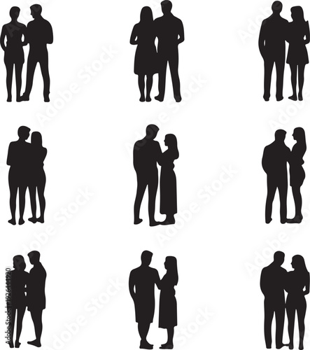black silhouettes of couples and people standing together in various poses