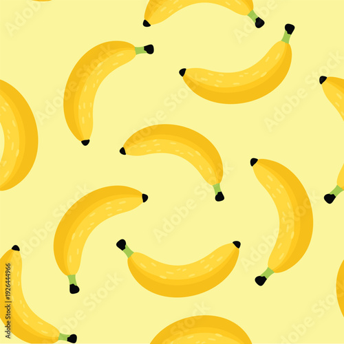 Seamless cute banana pattern with bright yellow cartoon fruit on soft pastel background