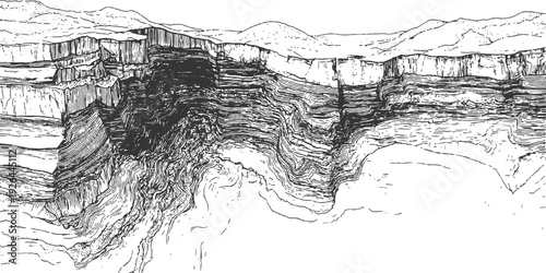 Abstract depicting a cross-section of layered earth with granular textures and fractured lines.