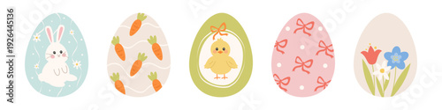 Happy Easter cute bunny, chick and flower egg collection in pastel spring colors