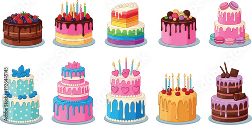 Set of Gourmet Celebration Cakes with Multi-Tiered Birthday Cakes Chocolate Drip Frosting and Rainbow Layers for Bakery Branding Party Invitations and Dessert Graphic Illustrations