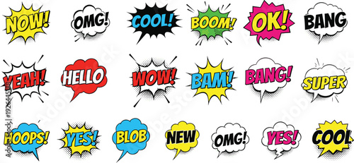 Set of colorful comic book speech bubbles with pop art sound effects and onomatopoeia words, explosive cartoon cloud shout collection,