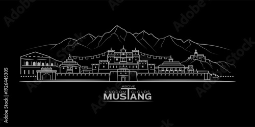 Lo Manthang Skyline Line Art for Dark Background Design